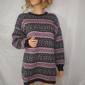 Vintage Keera Knitwear Ireland New Wool Fair Isle Lavender/Pink Sweater Lg